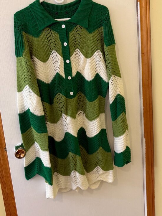 Green Chevron Knit Collared Sweater Dress Sz L - Picture 3 of 5